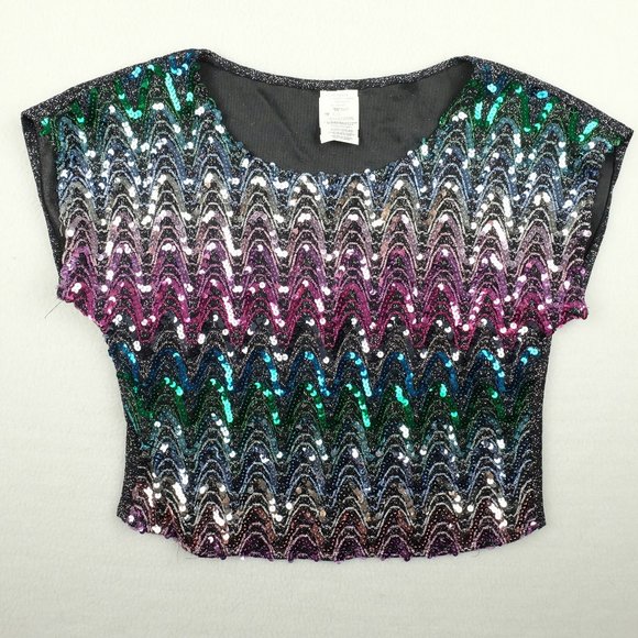 Vintage Tops - Vintage Womens Shirt Top Large Black Colorful Sequins Cropped Short Sleeve 80s